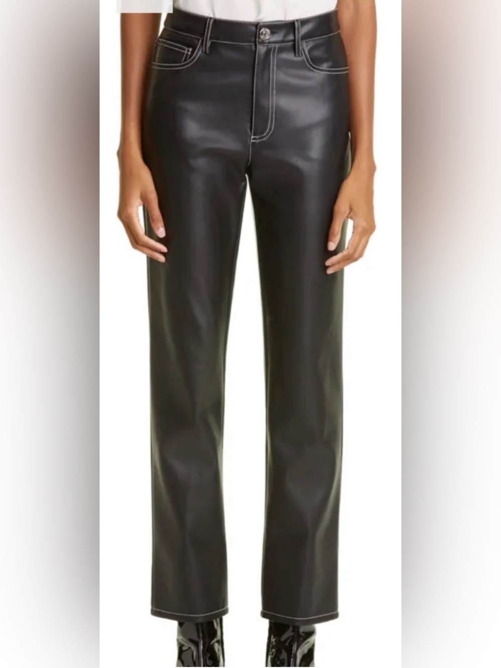 NWOT STAUD Black Faux Leather Contrast Stitch Straight Leg Pants Size 6